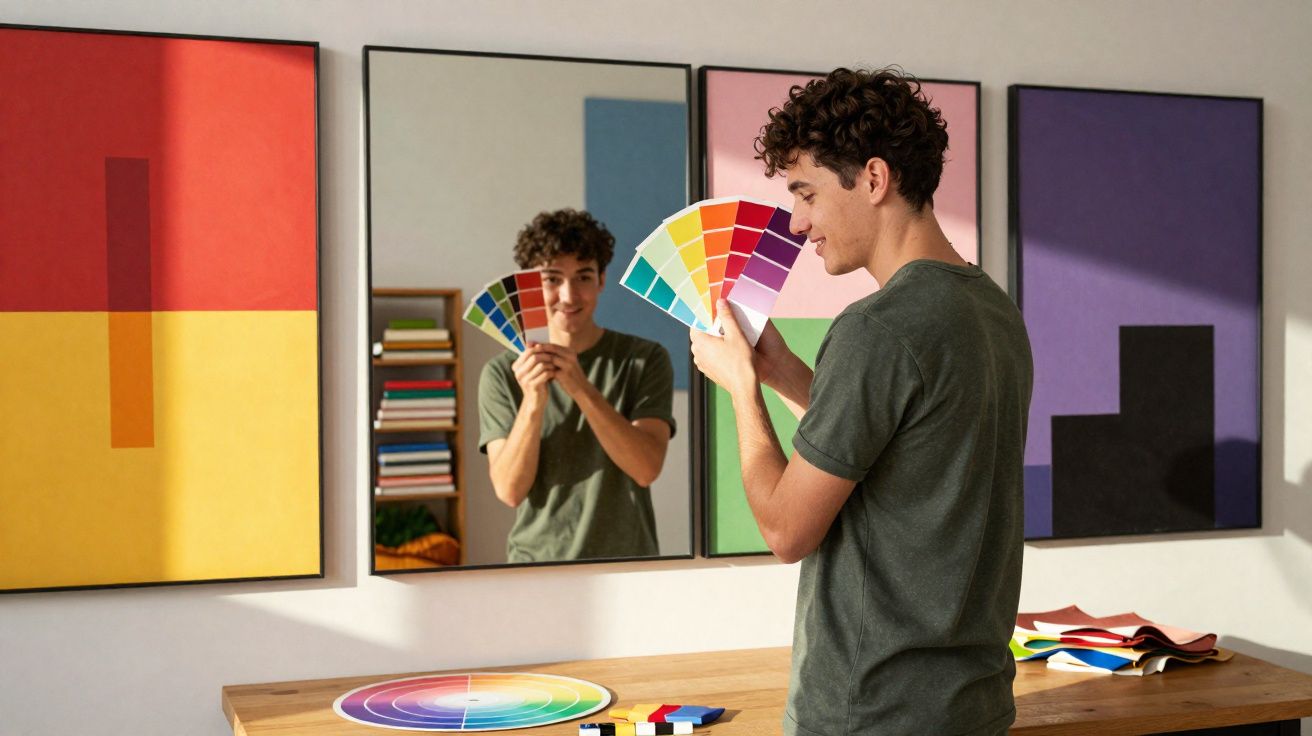 Jovem olhando amostras de cores em frente a espelho, com quadros coloridos e materiais de design ao fundo.