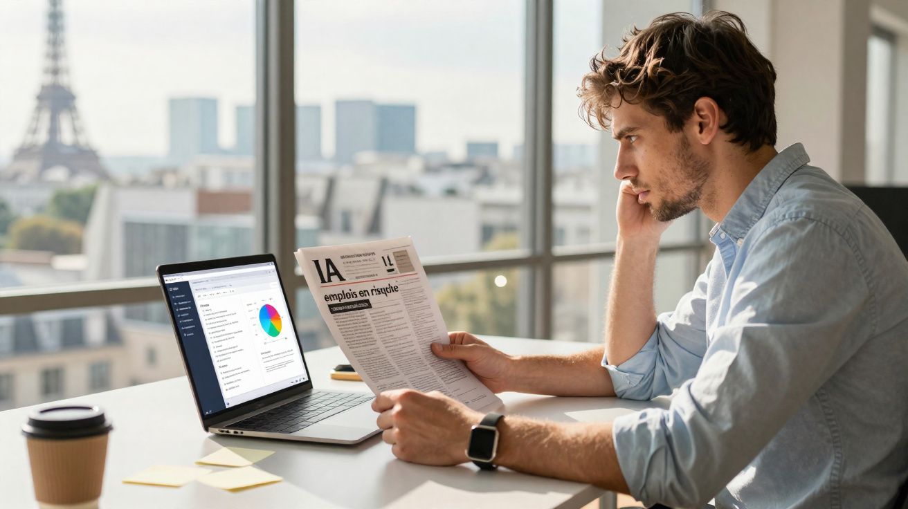Homem sentado em escritório lendo jornal segurando a cabeça com a mão direita.
