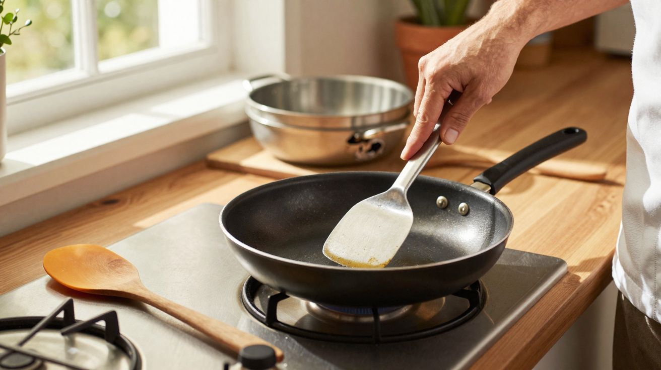 Mão segurando espátula mexendo em frigideira sobre fogão a gás em cozinha iluminada por janela.