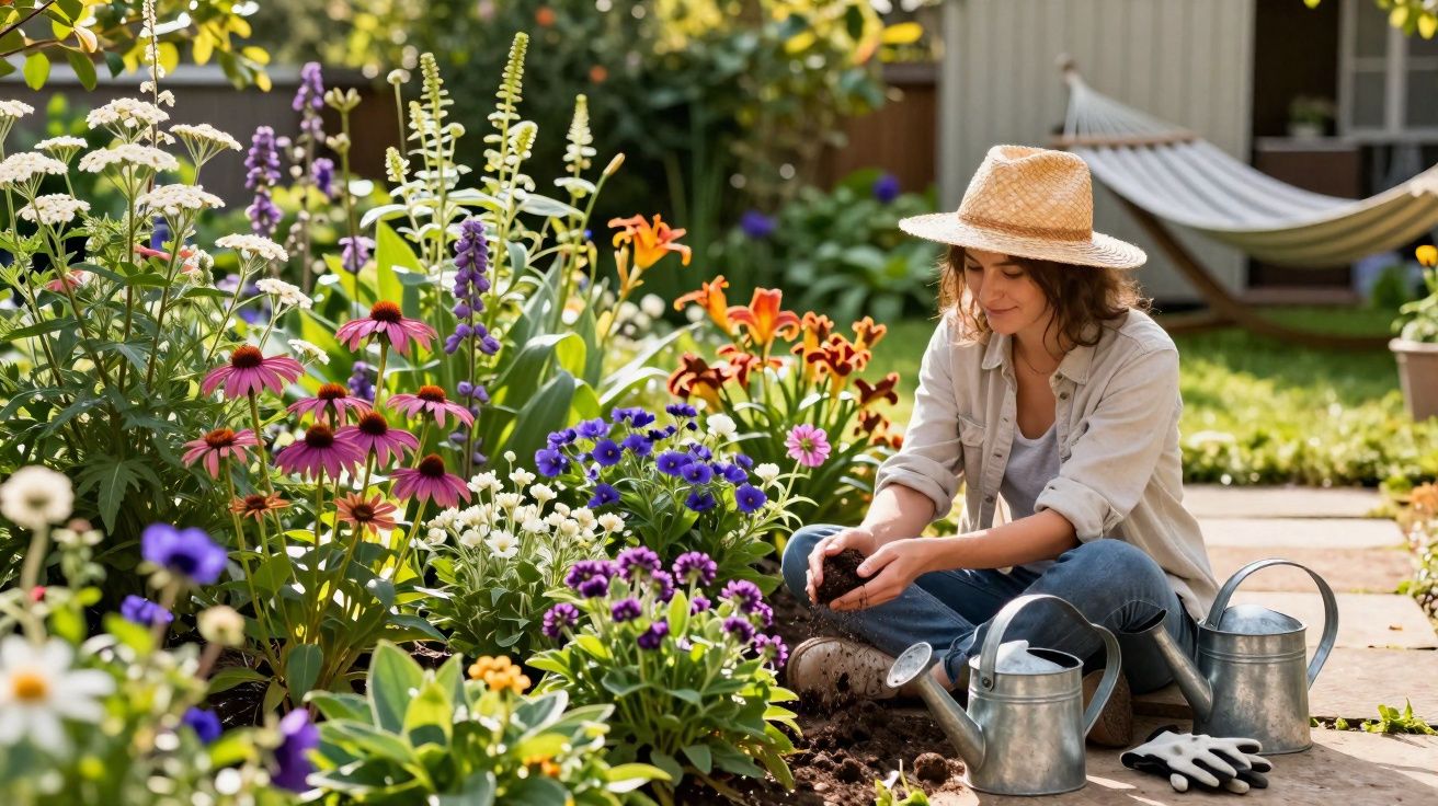 Mulher com chapéu cuidando de flores em jardim com regadores ao lado.