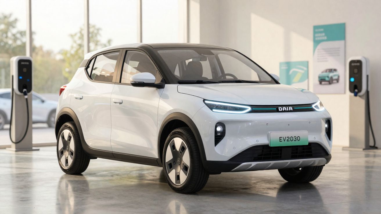 Carro elétrico branco branco modelo SUV da marca Daira em showroom moderno com estações de recarga ao fundo.