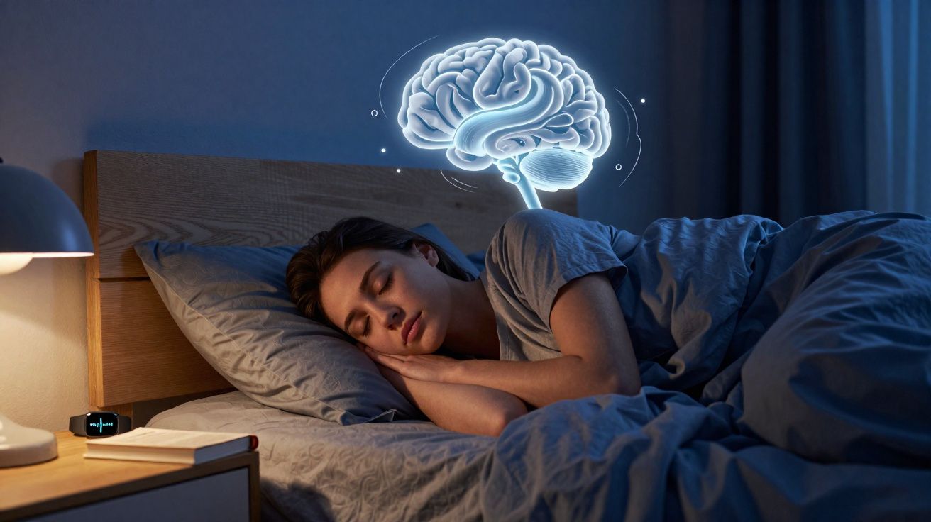 Mulher dormindo na cama com imagem digital de cérebro iluminado flutuando acima da cabeça.