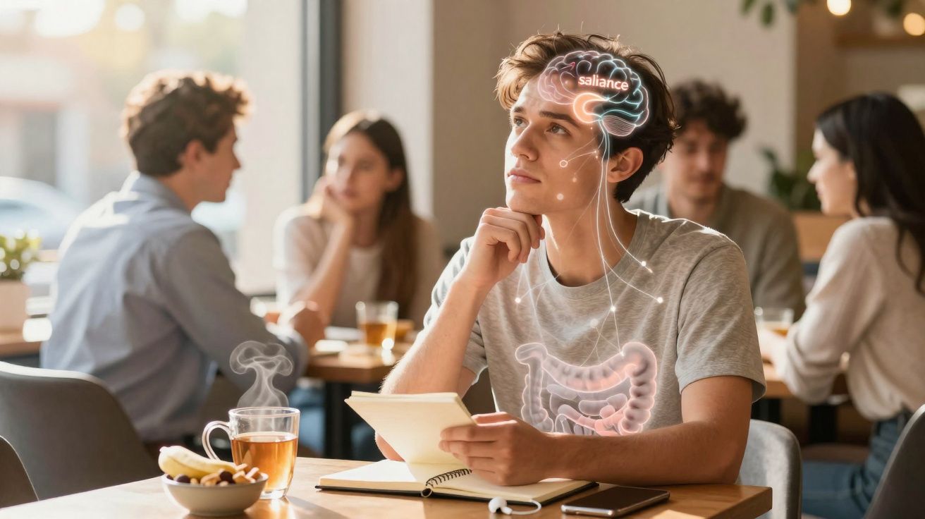 Jovem sentado em café, pensativo, com ilustrações do cérebro e intestino destacadas sobre ele.