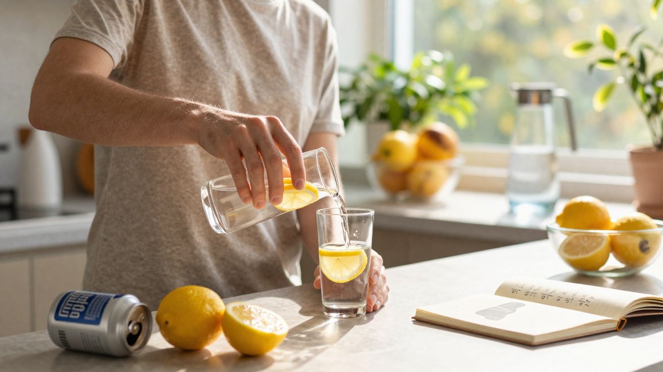 Pessoa servindo água com fatias de limão em copo na cozinha ensolarada, com limões e livro na mesa.