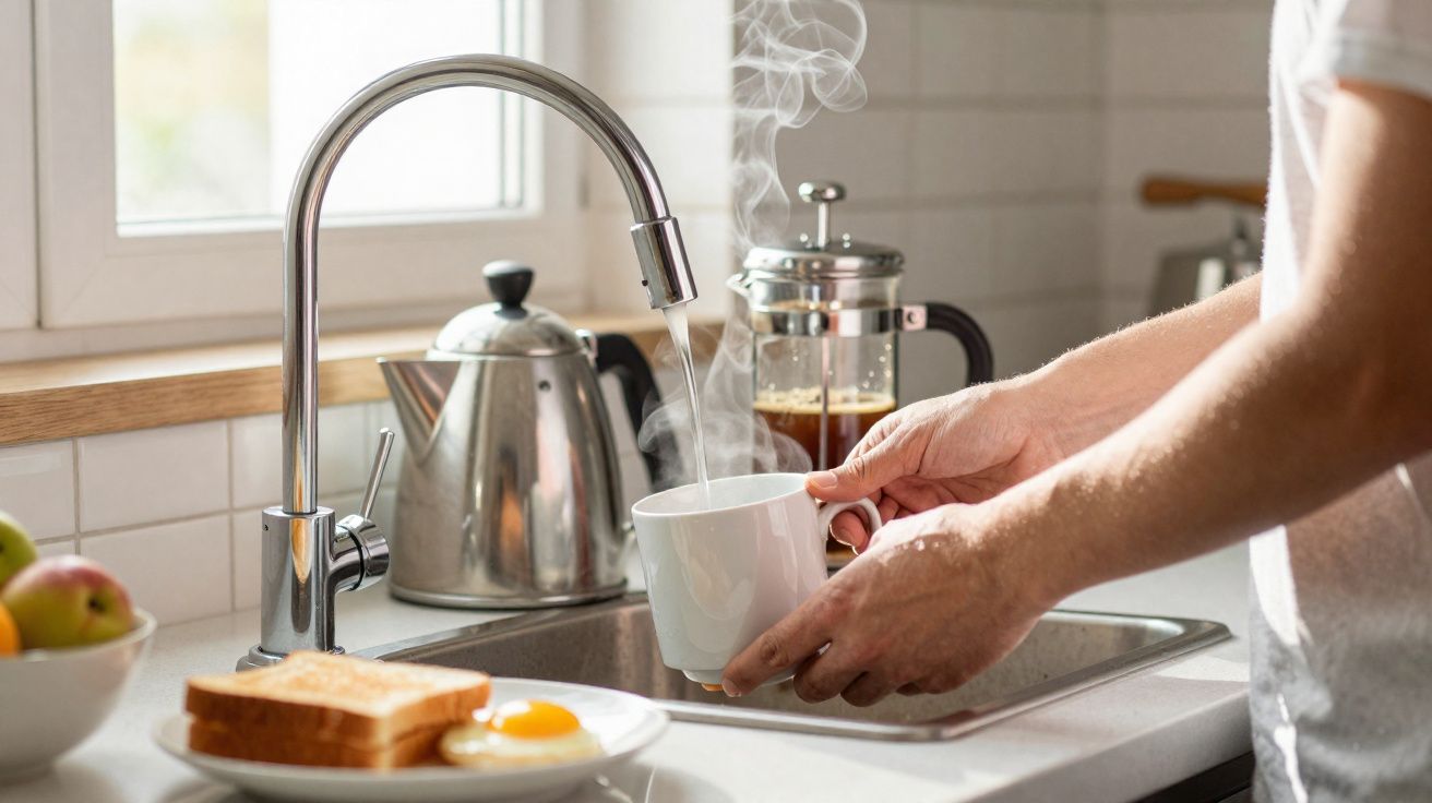 Pessoa colocando água quente em uma xícara na pia de cozinha com café, torrada e ovo ao fundo.