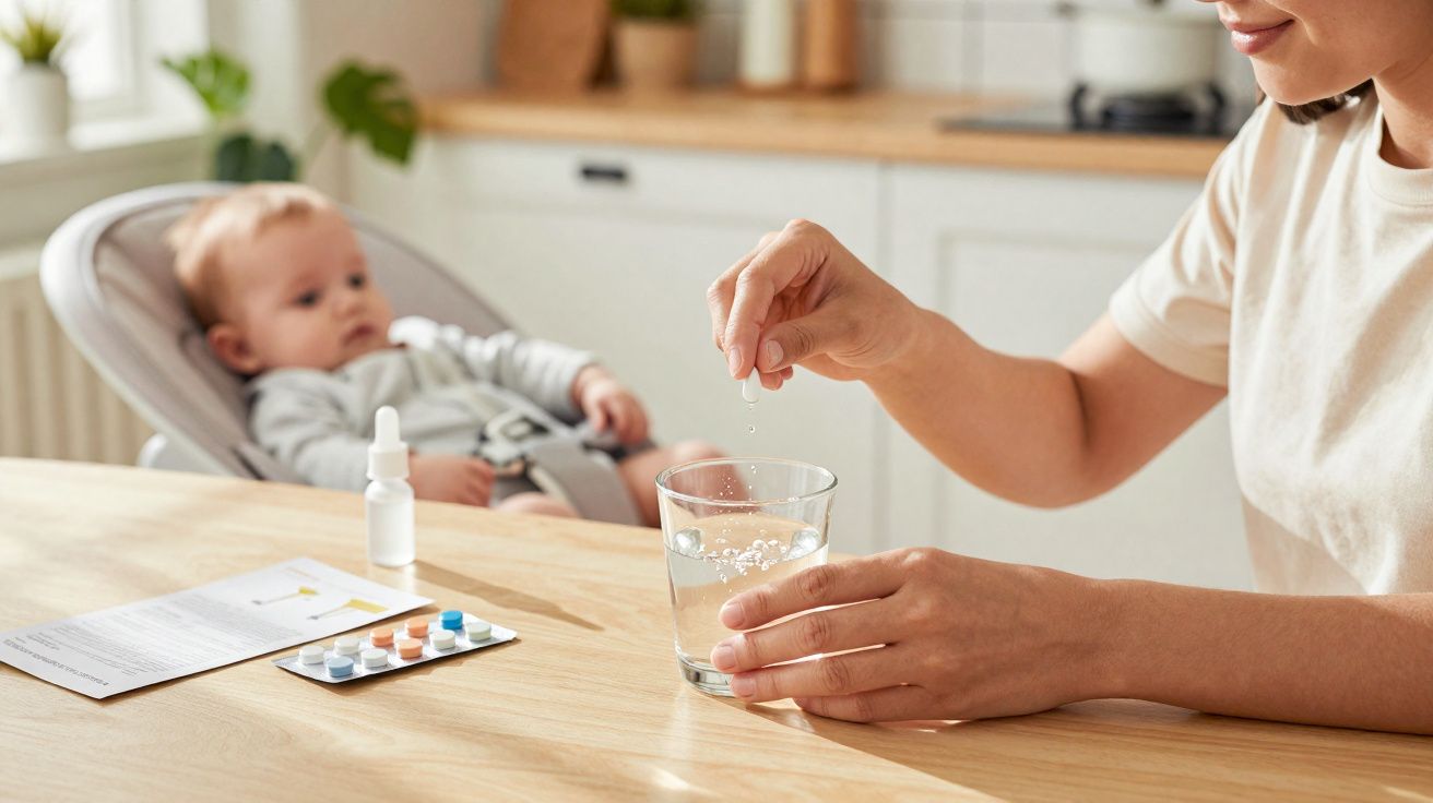Mulher preparando remédio dissolvendo comprimido em copo de água na cozinha com bebê ao fundo.