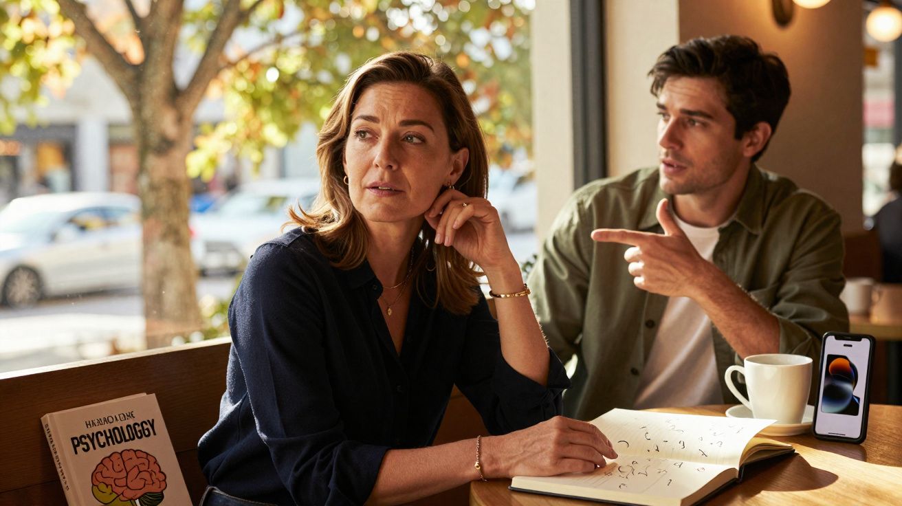 Mulher e homem discutindo em uma cafeteria com livro e celular na mesa, ambiente iluminado e árvores ao fundo.