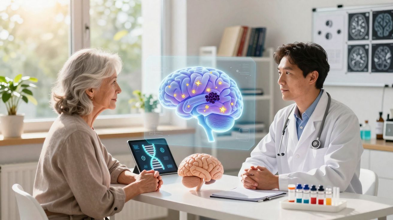 Médico conversa com paciente idosa sobre cérebro, com holograma cerebral e DNA na mesa em consultório.