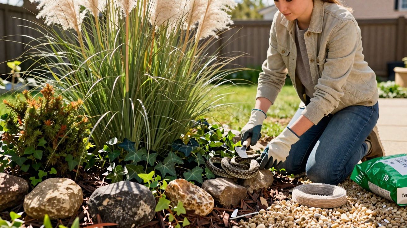 Mulher usando luvas removendo cobra de jardim com ferramentas ao lado de plantas e pedras.