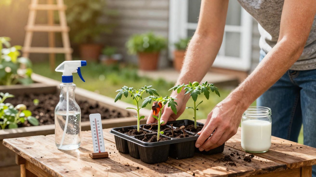 Pessoa cuidando de mudas de plantas em bandeja, com borrifador, termômetro e jarra de leite ao lado.