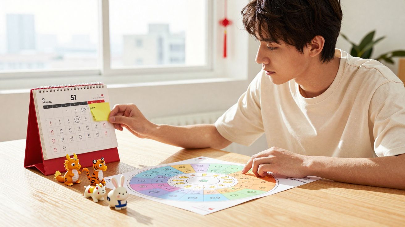 Homem consultando um calendário de mesa e apontando para um gráfico colorido sobre a mesa.