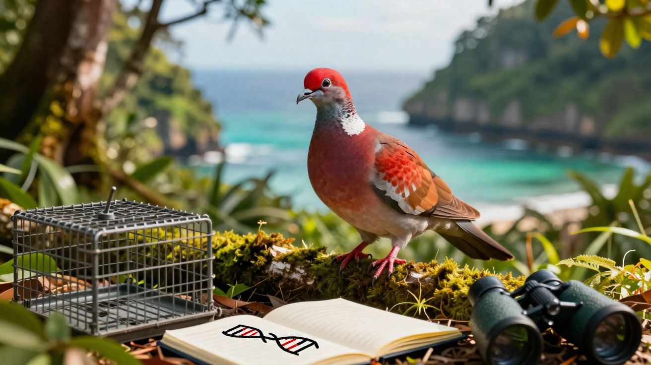 Pomba vermelha sobre musgo próximo a gaiola, binóculos e livro aberto com ilustração de DNA na página.