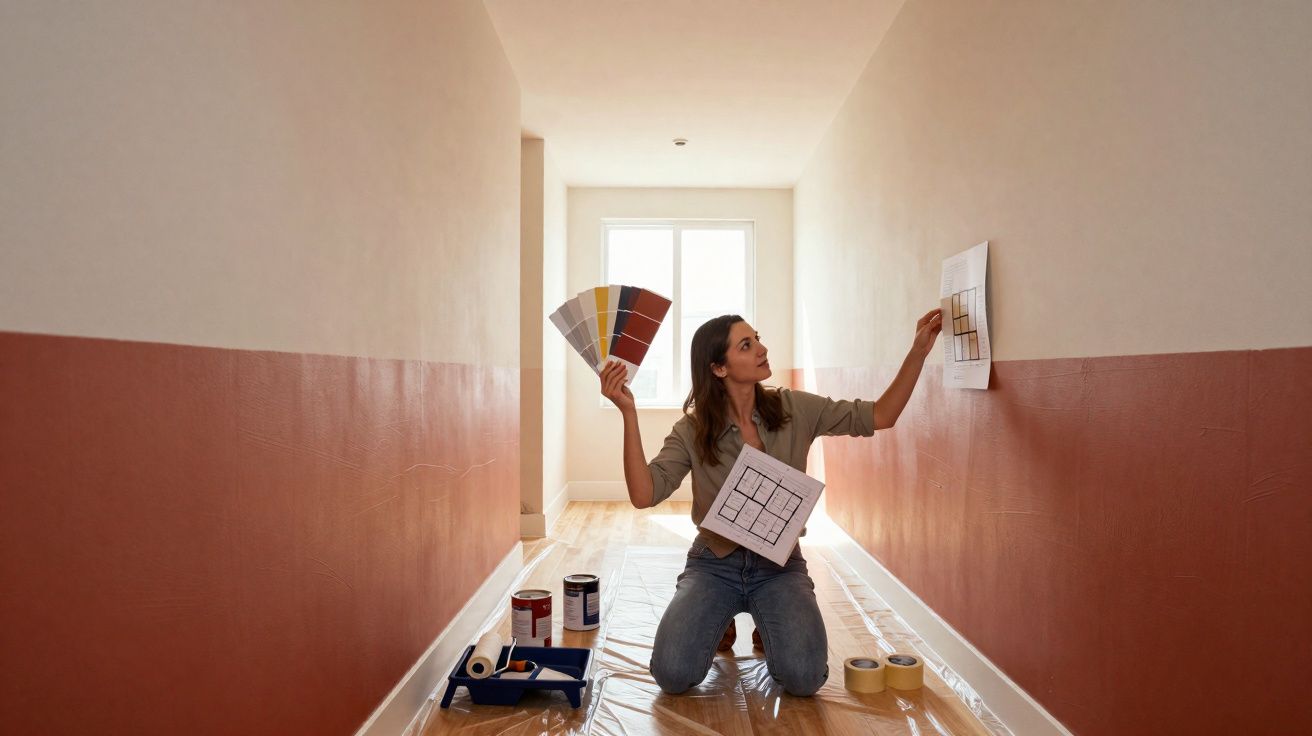 Mulher ajoelhada em corredor com amostras de tinta e planta baixa, planejando pintura da parede.