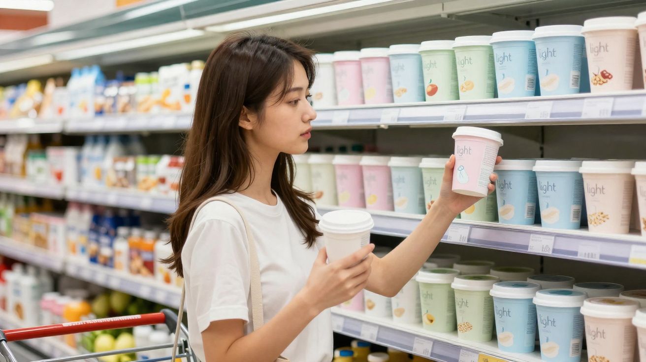 Mulher de camiseta branca escolhendo produtos em potes no corredor de mercado.