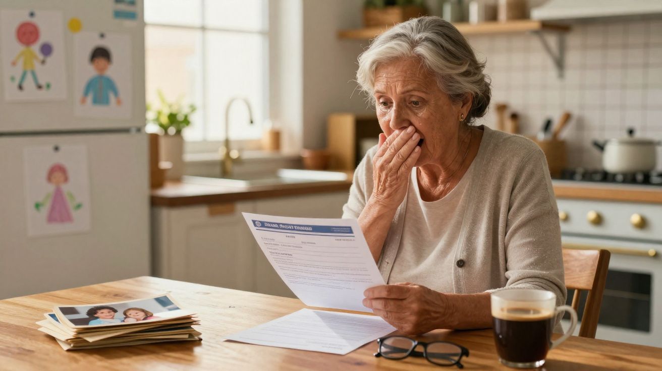 Mulher idosa surpresa lendo documento sentada à mesa com café e fotos de família na cozinha iluminada.