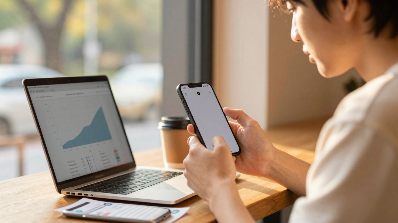Pessoa usando smartphone com notebook mostrando gráfico de crescimento em uma mesa com café.