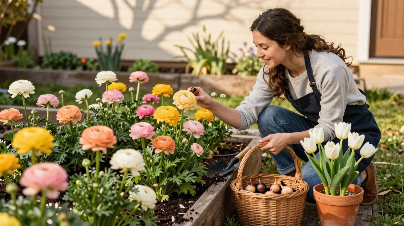 Mulher sorrindo cuidando de flores coloridas em canteiro de jardim ao ar livre com cesta e vaso.