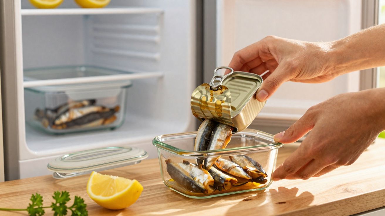 Pessoa despejando sardinhas em conserva de uma lata para recipiente de vidro sobre bancada de cozinha.