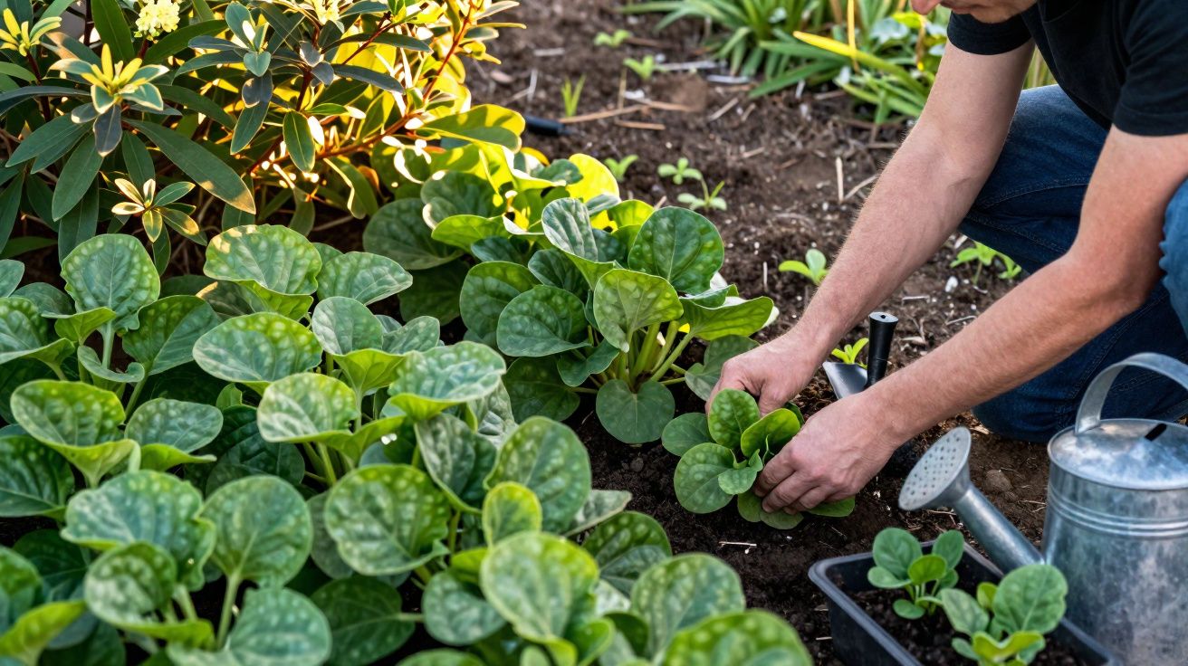 Pessoa cuidando de plantas verdes em um jardim, com regador e ferramenta de jardinagem ao lado.