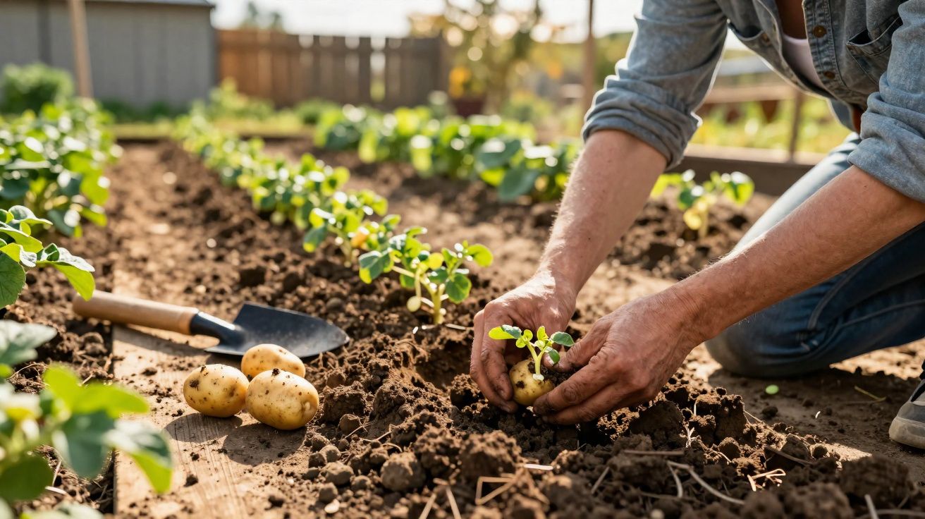 Pessoa plantando batatas jovens em fileiras de solo fértil em uma horta ao ar livre.