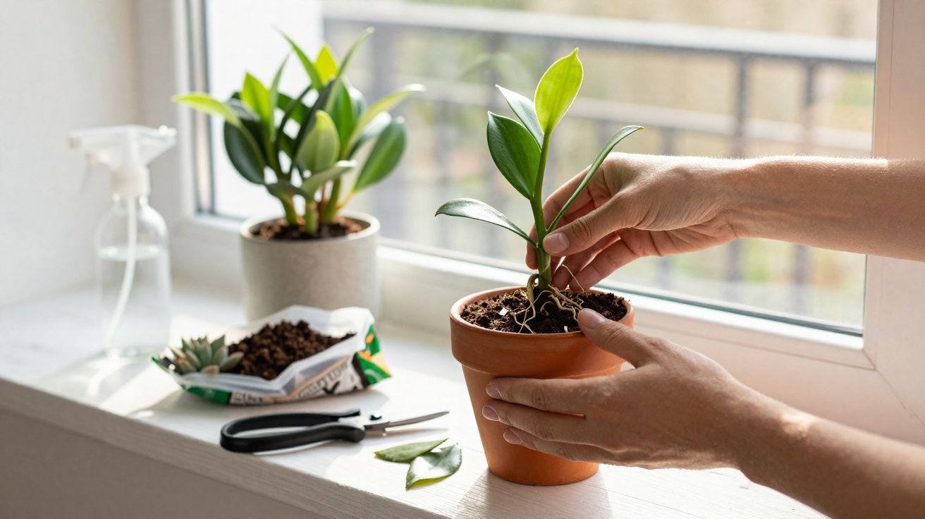 Mãos cuidando de planta em vaso de barro próxima a janela com outra planta, ferramentas e regador.