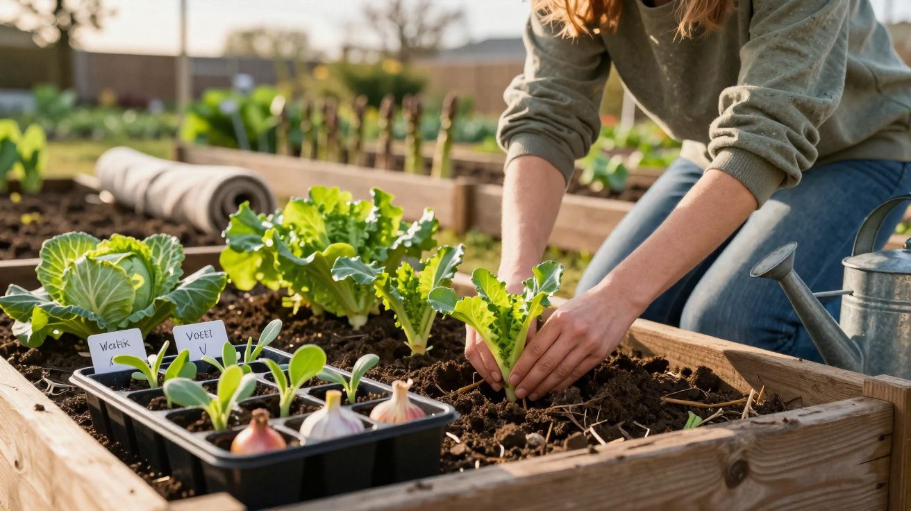Pessoa plantando verduras em canteiro de madeira em jardim ensolarado, com regador ao lado.