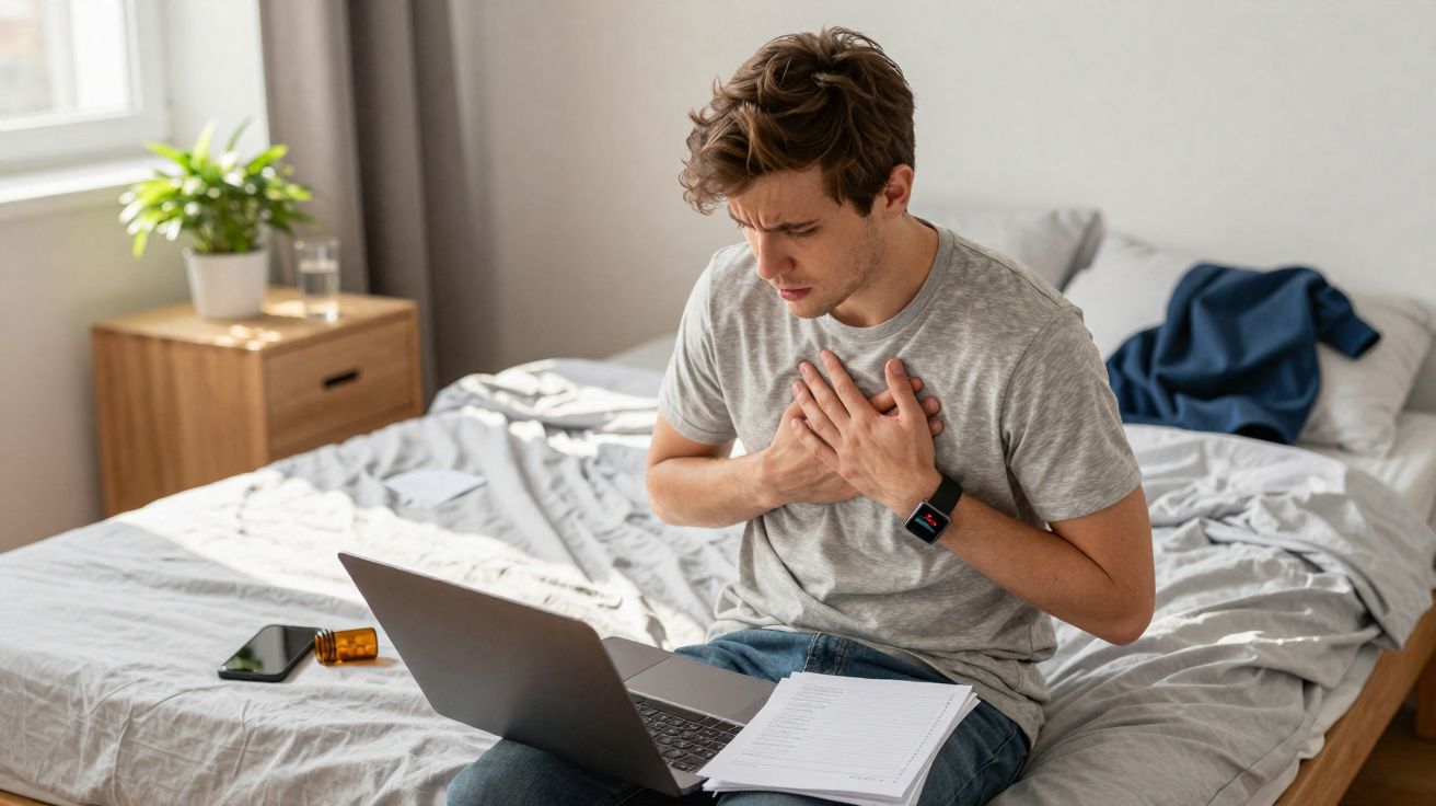 Homem sentado na cama com dor no peito, usando laptop e smartwatch em quarto claro e organizado.