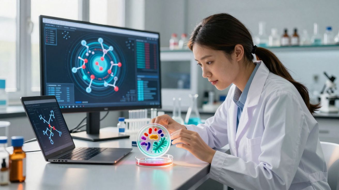 Mulher cientista observando cultura de microrganismos coloridos em placa de Petri no laboratório.