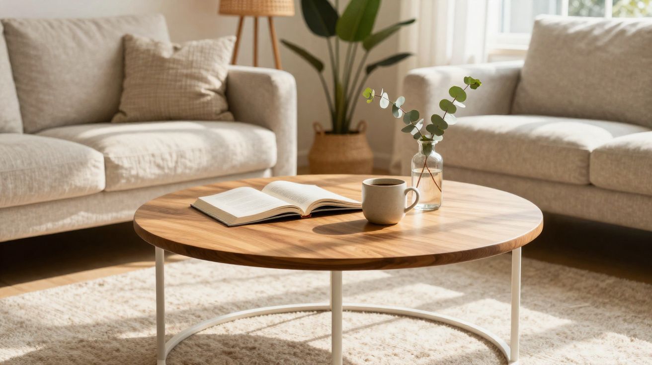 Mesa de centro com livro aberto, xícara e vaso com folhagem entre dois sofás claros em sala iluminada.