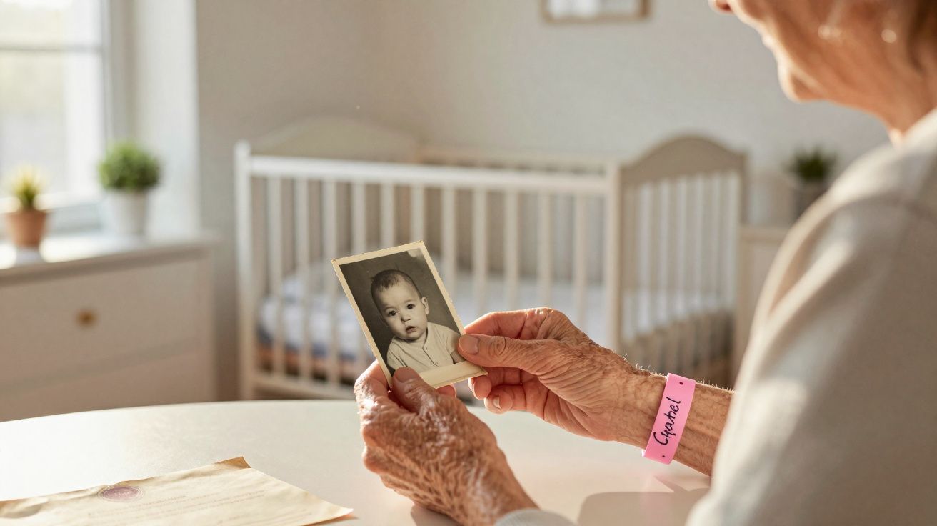 Pessoa idosa segurando foto em preto e branco de bebê, com berço ao fundo em ambiente iluminado.
