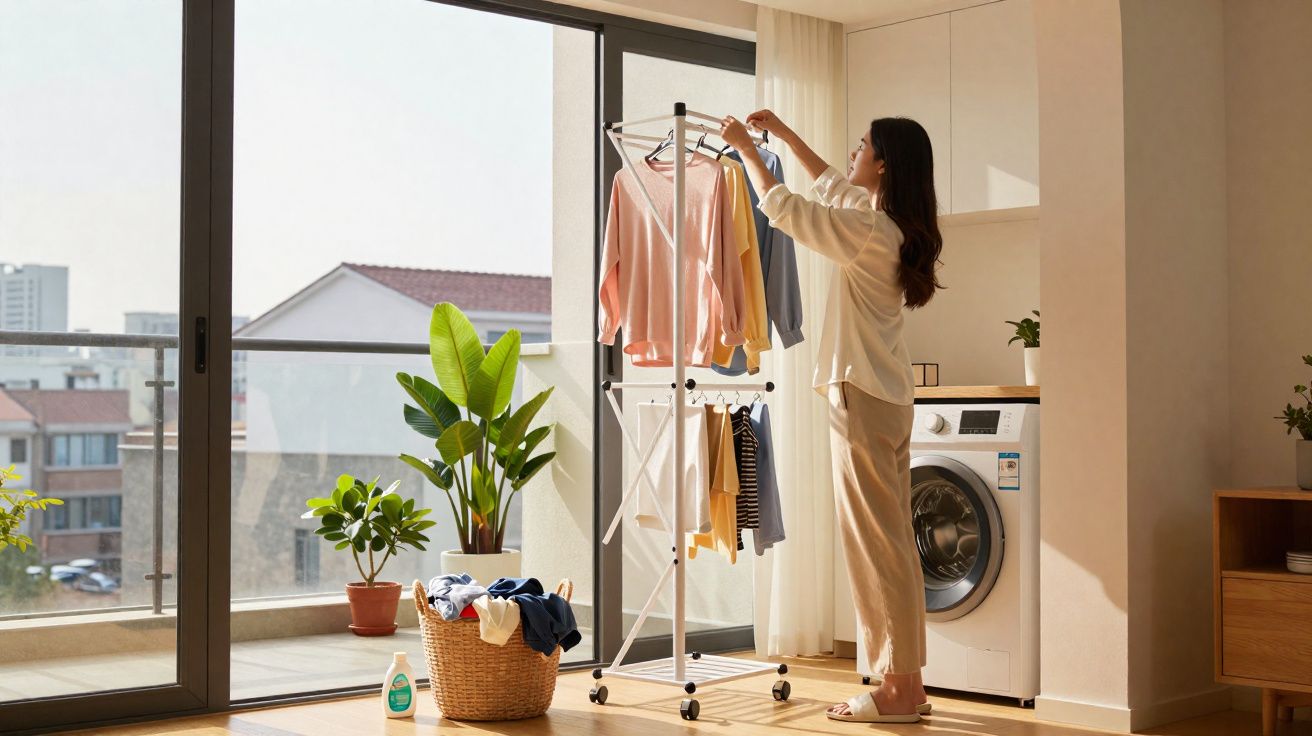 Mulher pendura roupas em varal interno próximo à janela grande em lavanderia iluminada.