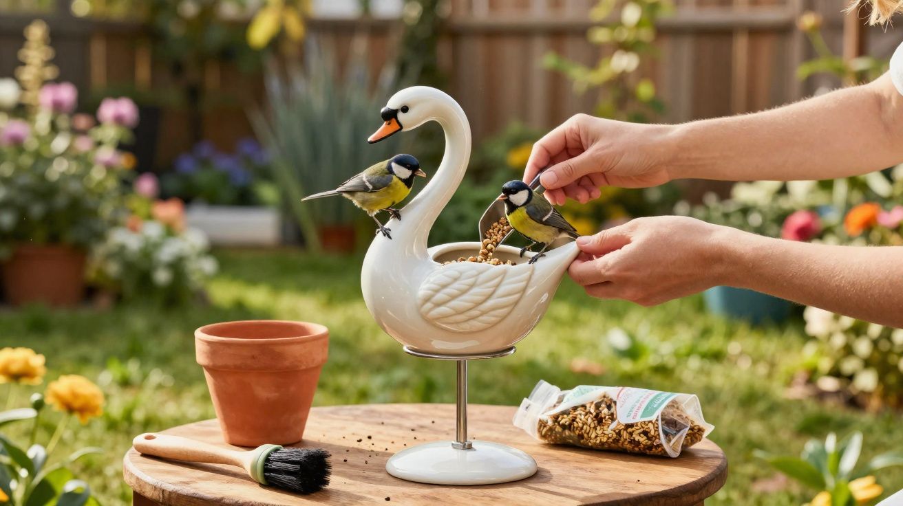 Pessoa alimentando dois pássaros em comedouro branco em formato de cisne em jardim com plantas e flores ao fundo.