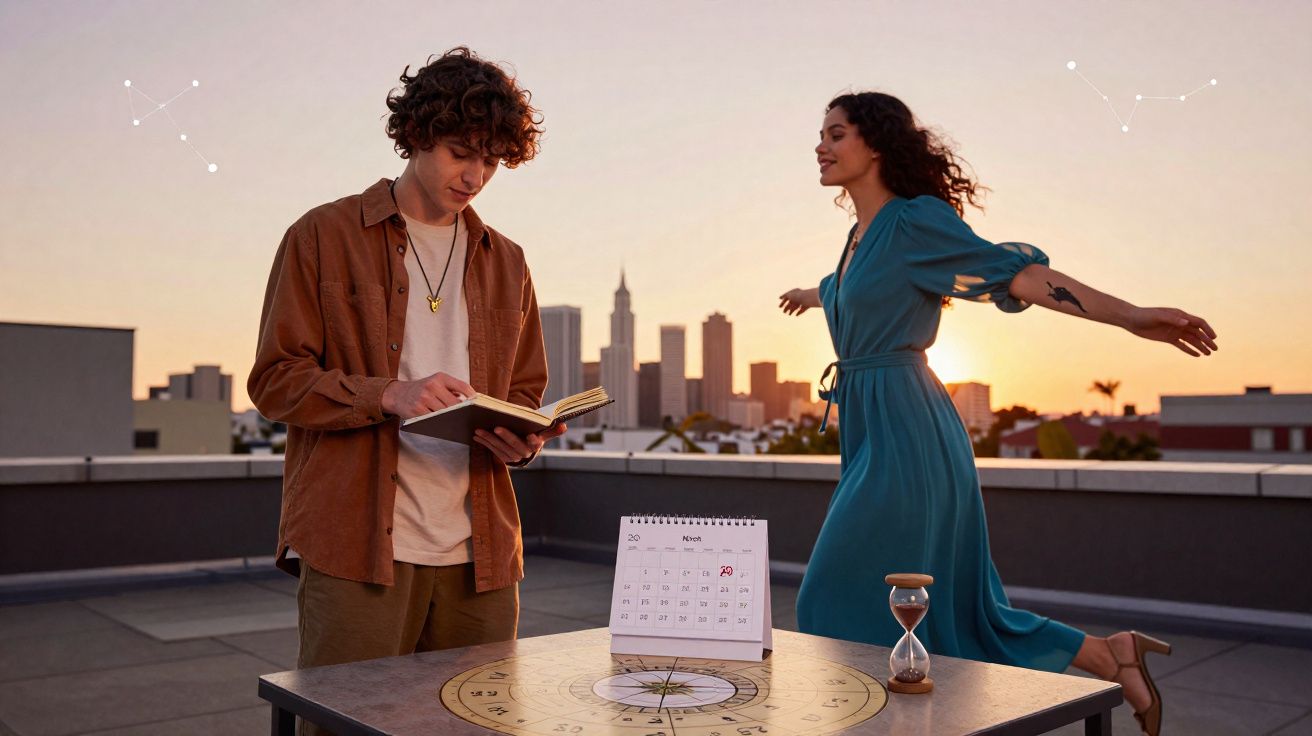 Jovem lendo livro e mulher sorrindo com braços abertos em terraço ao pôr do sol, com calendário e ampulheta na mesa.