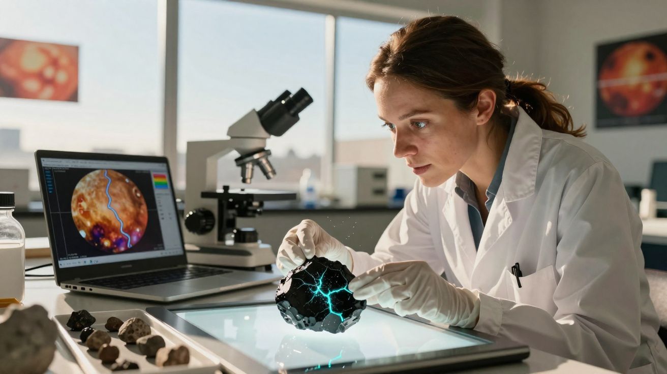 Mulher cientista usa luvas e analisa fragmento de meteorito com rachaduras azuis em laboratório.