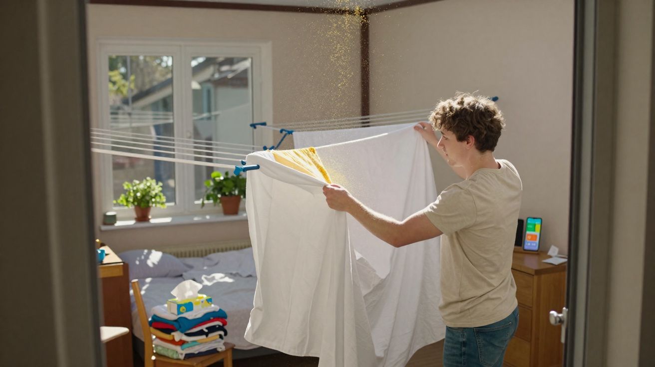 Homem estende lençol branco em varal de secar roupas dentro de quarto iluminado pelo sol.
