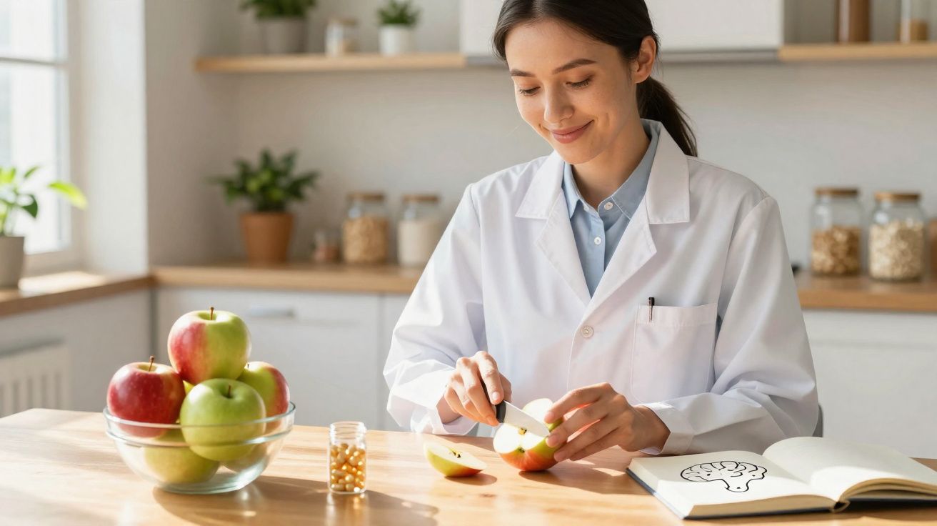 Mulher com jaleco cortando maçã em cozinha iluminada, ao lado de pote de cápsulas e livro aberto.