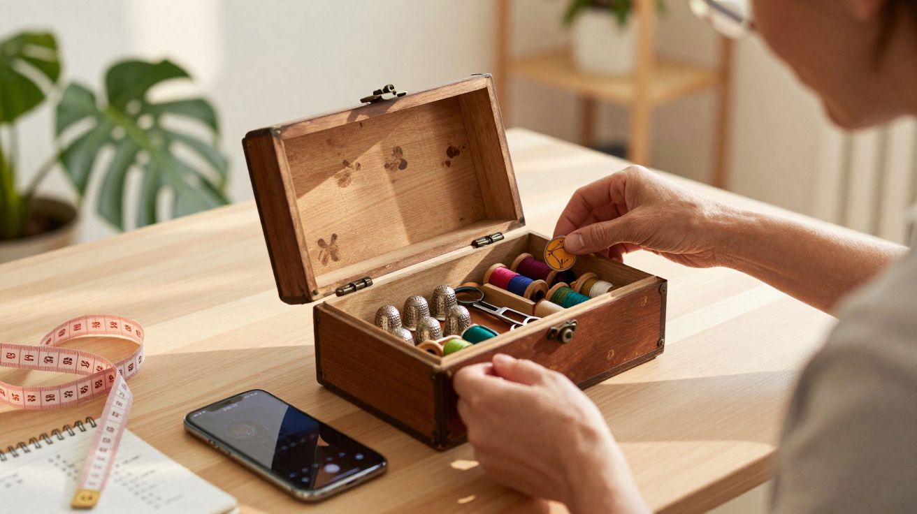 Caixa de madeira aberta com linhas, dedais e acessórios de costura em mesa de madeira clara.