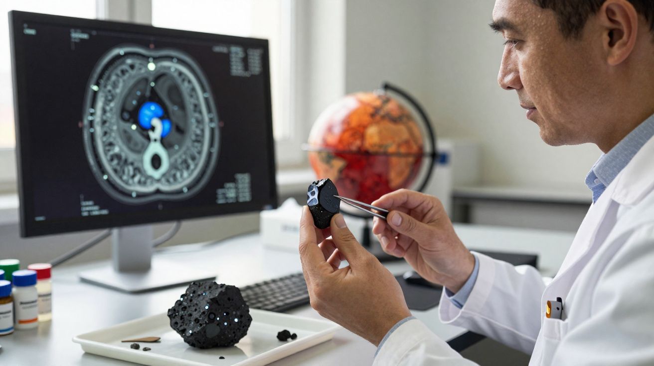 Homem em jaleco analisando modelo 3D preto com pinça, com imagem de tomografia no computador ao fundo.