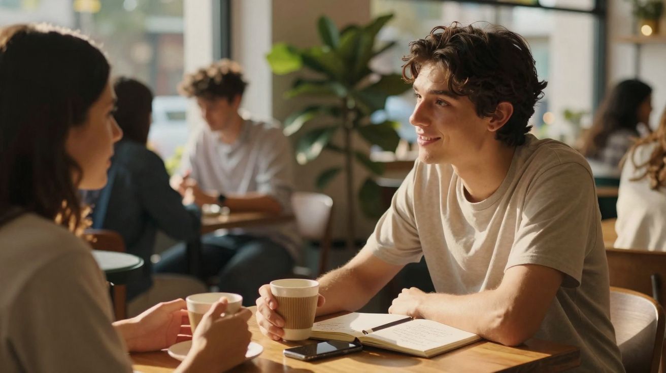 Jovem homem e mulher conversando e tomando café em cafeteria iluminada com cadernos na mesa.