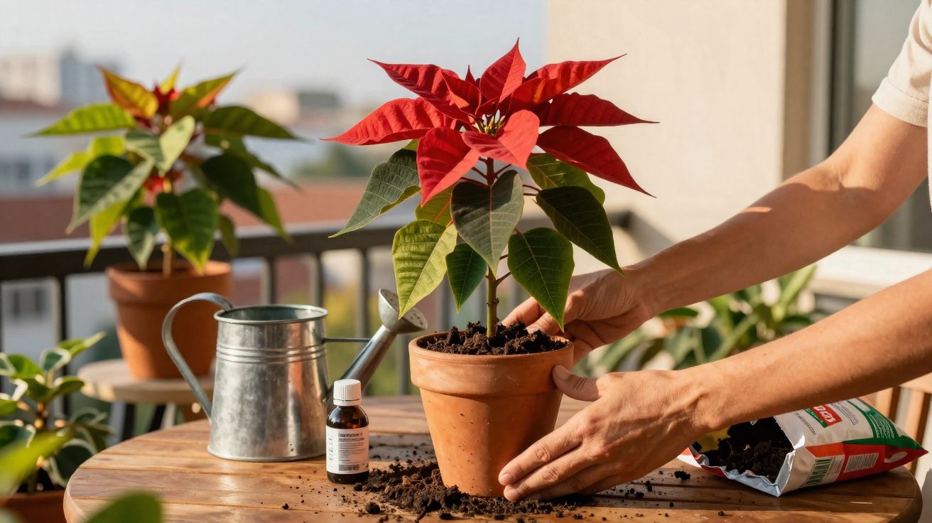 Mãos cuidando de poinsétia vermelha em vaso de barro sobre mesa com regador e terra ao redor.