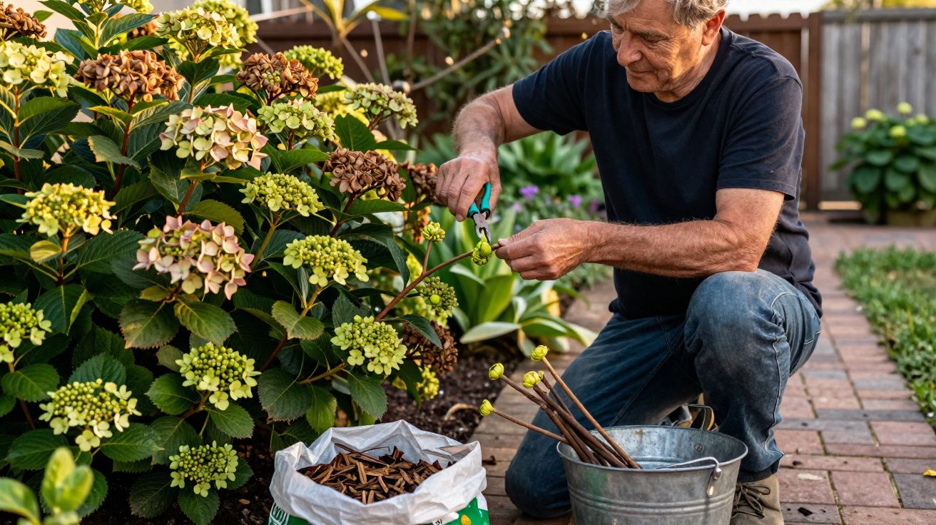 Homem idoso podando flores secas de hortênsia em jardim com tesoura, ao lado de saco e balde.