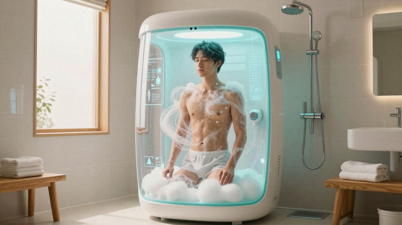Homem meditando dentro de uma cabine futurista de banho de espuma em banheiro moderno e iluminado.