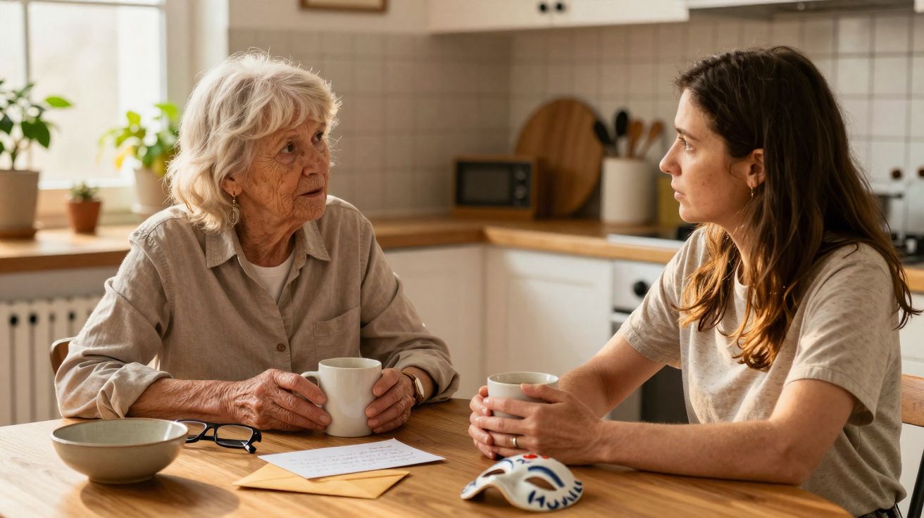 Duas mulheres conversando sentadas à mesa da cozinha, segurando xícaras de café.