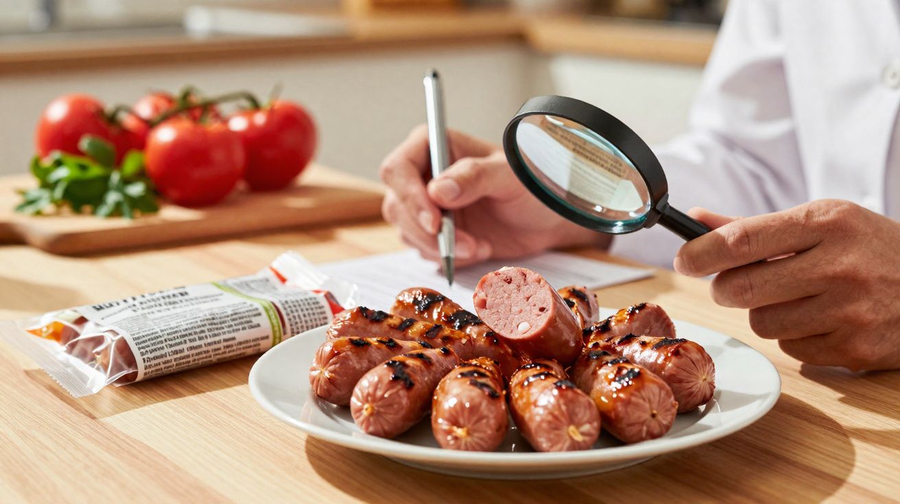 Mãos seguram lupa e caneta examinando salsichas grelhadas em prato branco sobre mesa com tomate ao fundo.