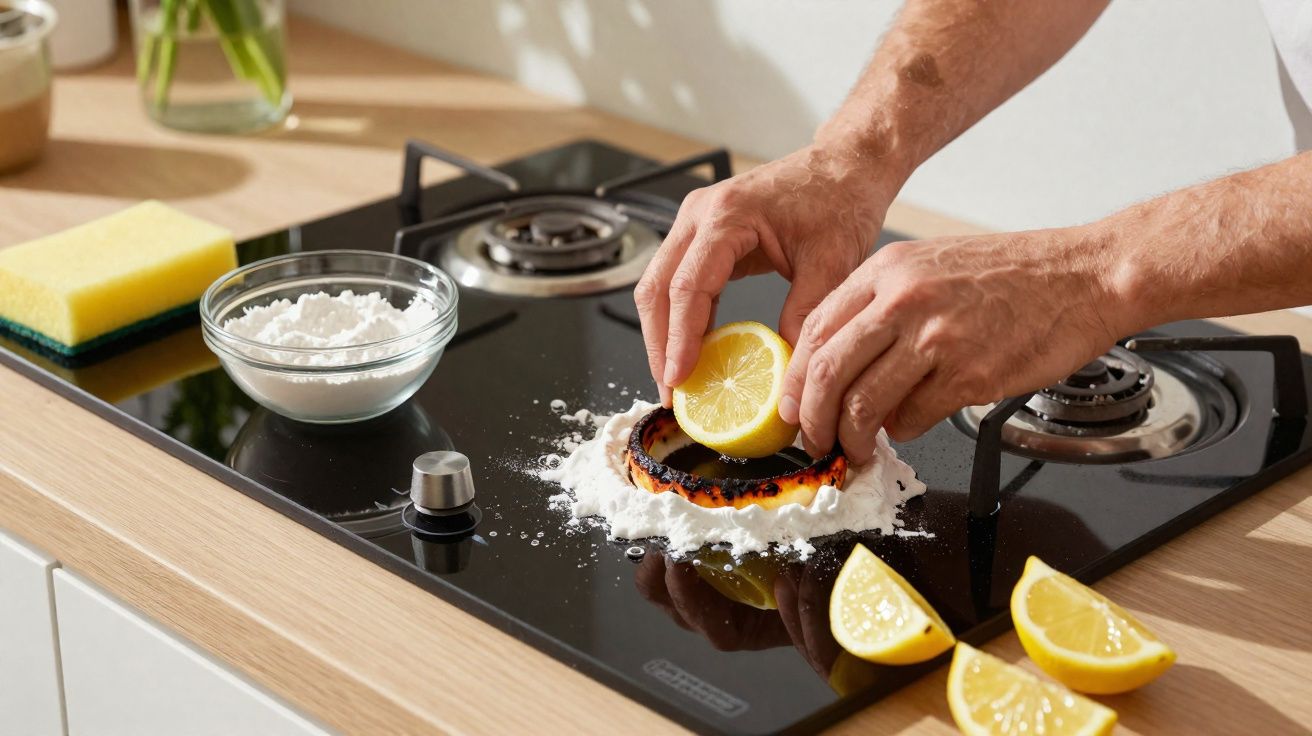 Mãos esfregando metade de um limão em pó branco sobre o fogão para limpar manchas.