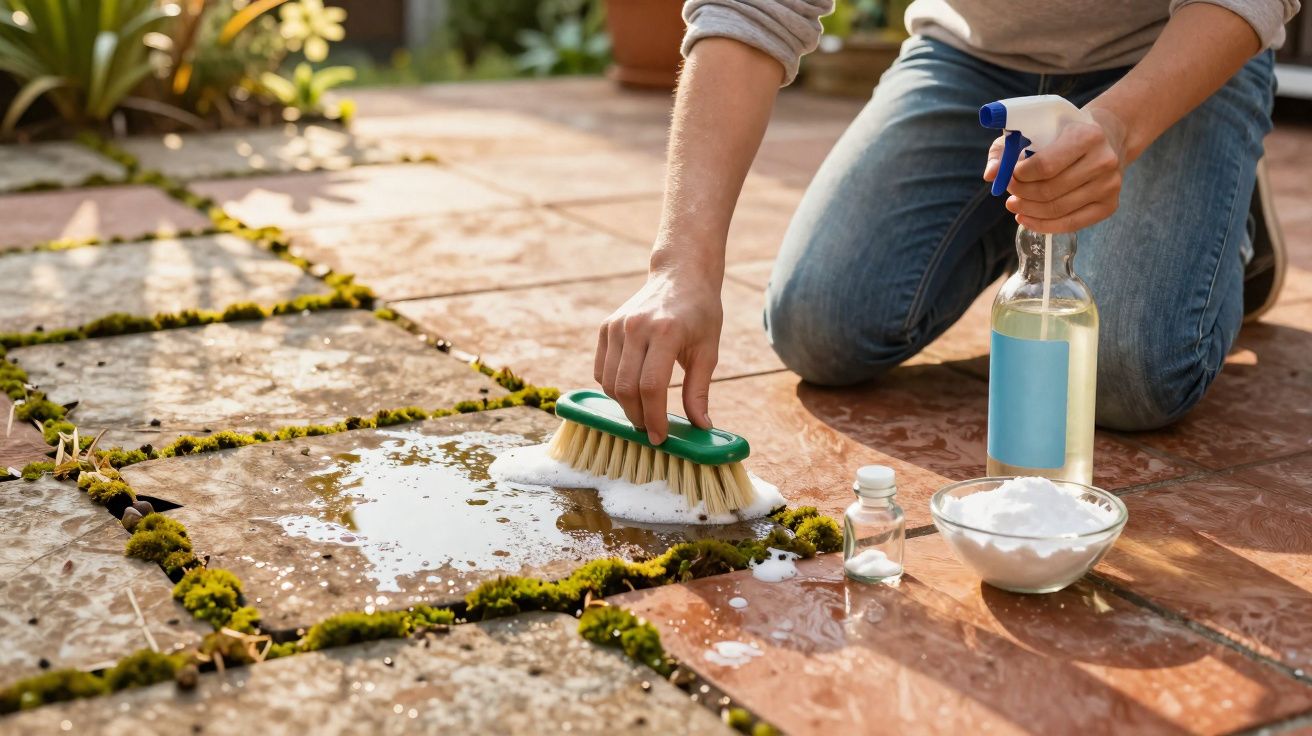 Pessoa agachada limpando musgo entre pisos de pedra com escova e produtos de limpeza caseiros.