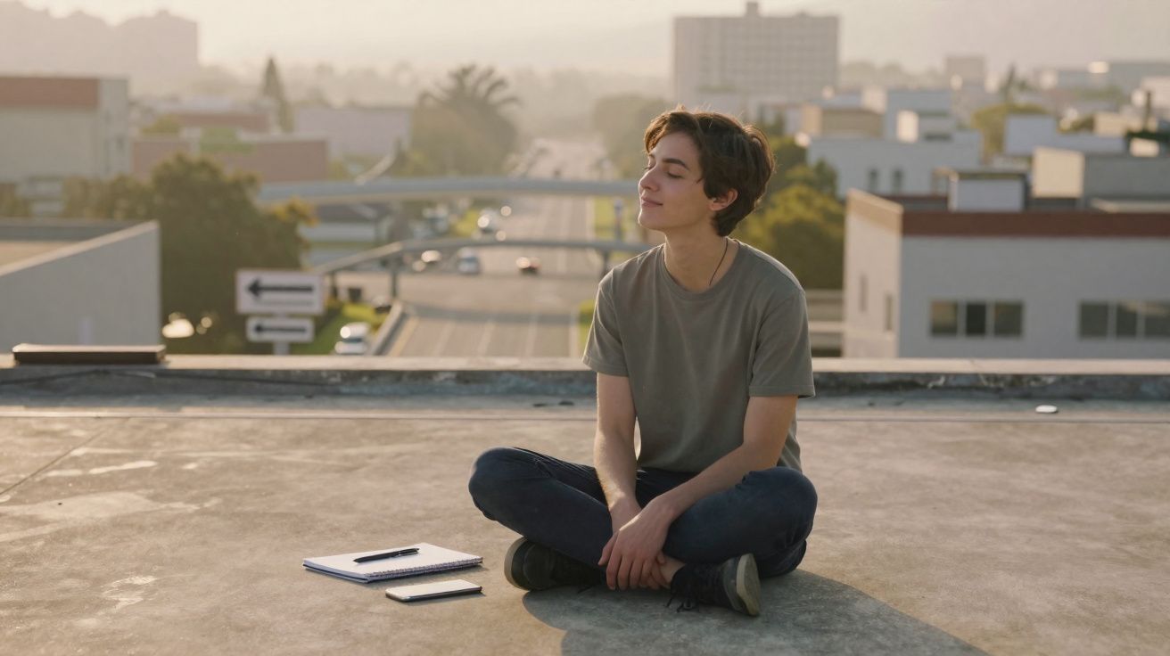 Jovem sentado no telhado com bloco de notas e celular, aproveitando o sol ao entardecer.