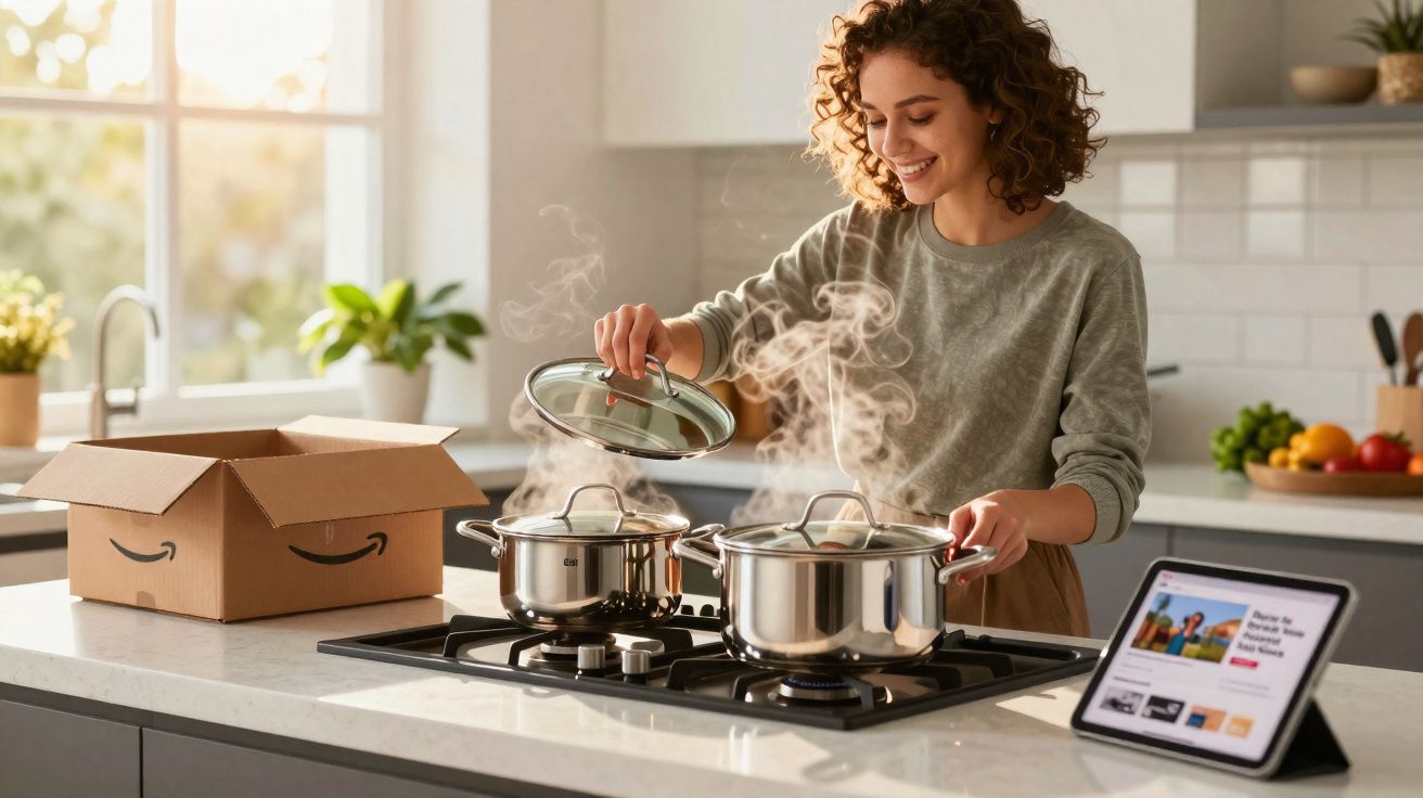Mulher sorridente cozinha em fogão moderno com panelas de inox e tablet em bancada clara.