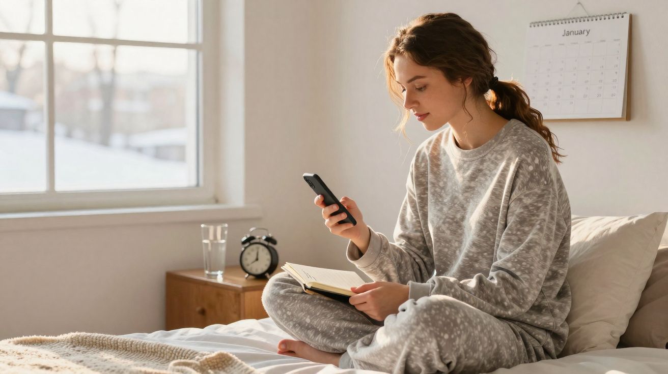 Mulher sentada na cama com pijama, olhando para o celular e segurando um caderno com parede e calendário ao fundo.