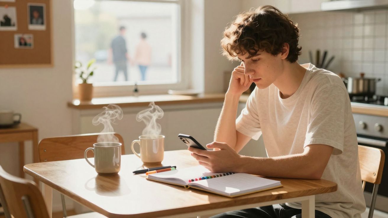 Jovem sentado à mesa de cozinha lendo celular com caderno aberto e duas xícaras com vapor.